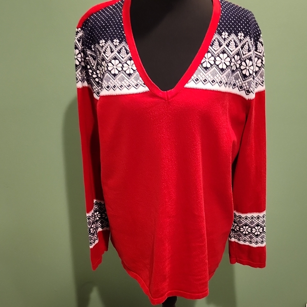 Tommy Hilfiger Red and Navy V-Neck Sweater